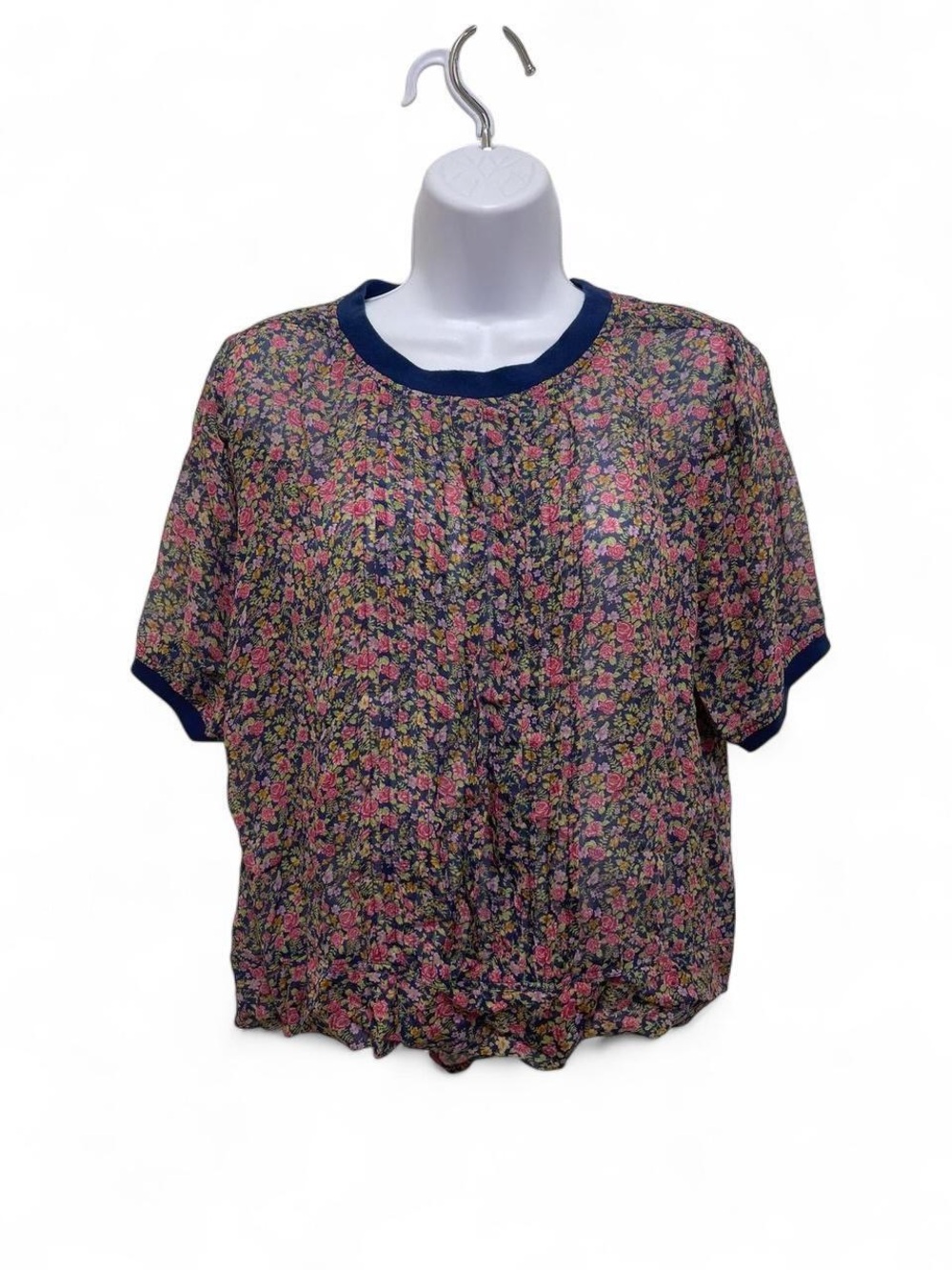 One Fine Day Anthropologie 100% Silk Floral Short-Sleeve Blouse with Navy Trim